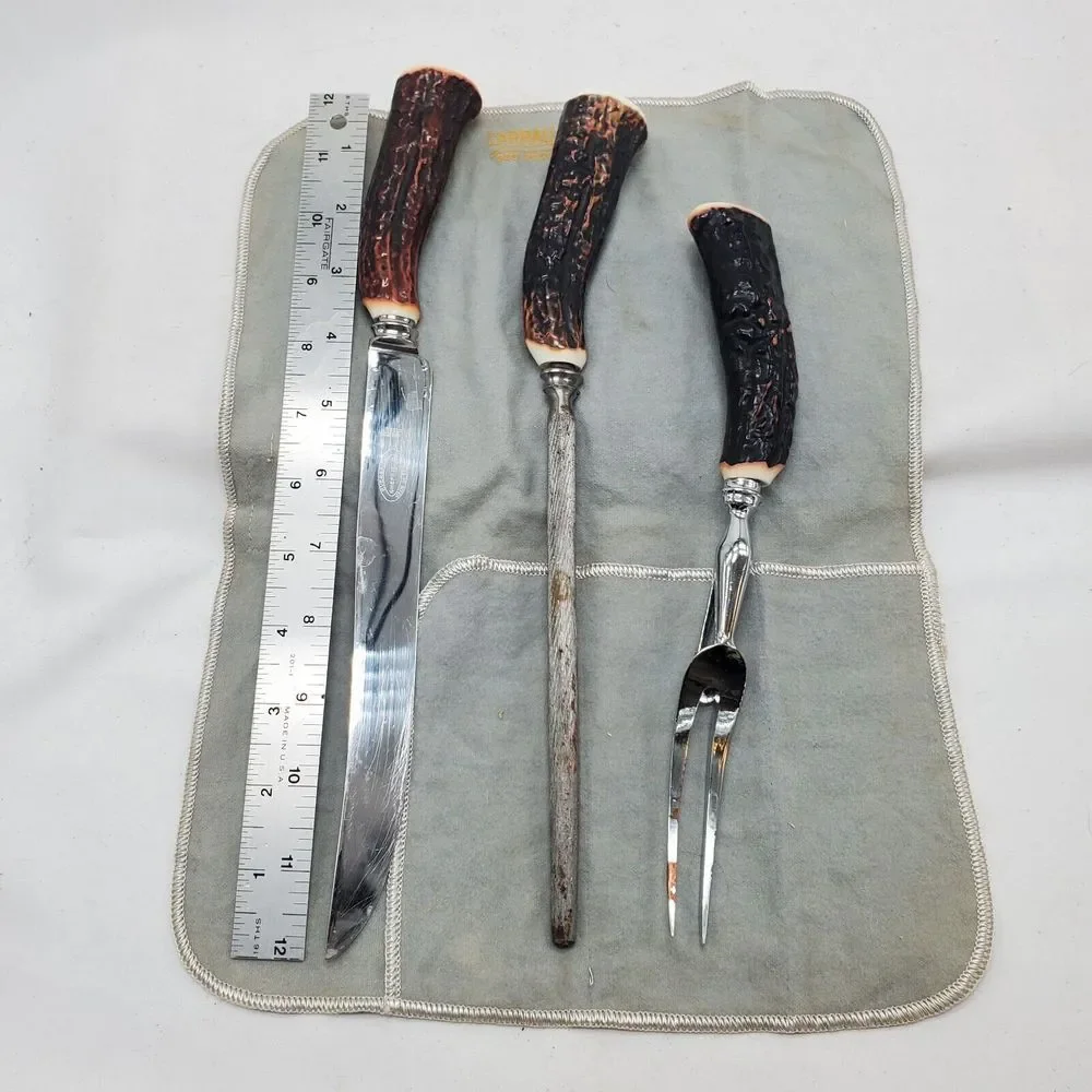 Vintage‎ Sheffield Everbrite Faux Antler 3pc Cutlery Carving Set Made in England